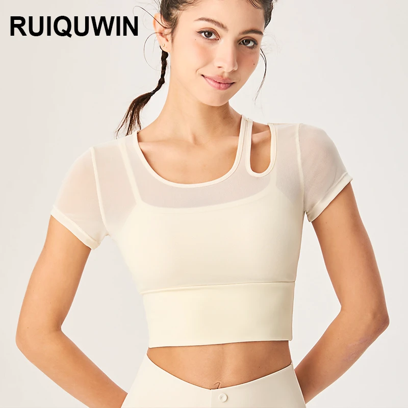 RUIQUWIN Wholesale Women's Fitness Yoga Wear Mesh Fabric Breathable Sports Short-Sleeved Asymmetrical Cutout Yoga T Shirts
