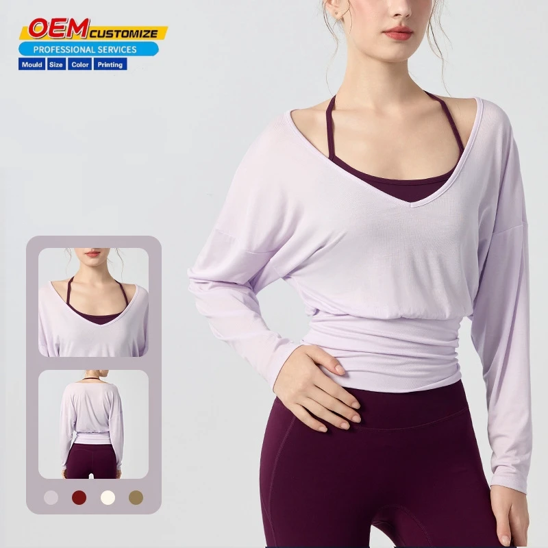 Custom Women's Yoga Wear Long Sleeve Fitness Top Sport V-neck Loose Top Long Sleeve Yoga Top for Women
