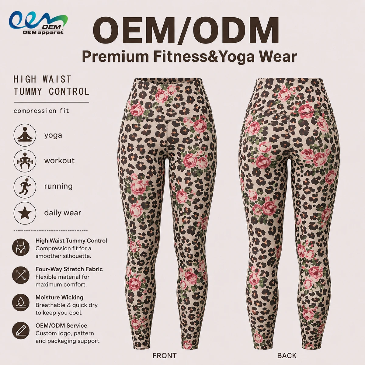 OEM Custom Activewear Manufacturer Leopard Floral Digitally Printed AOP Women's Workout Yoga Leggings For Gym Pilates Training