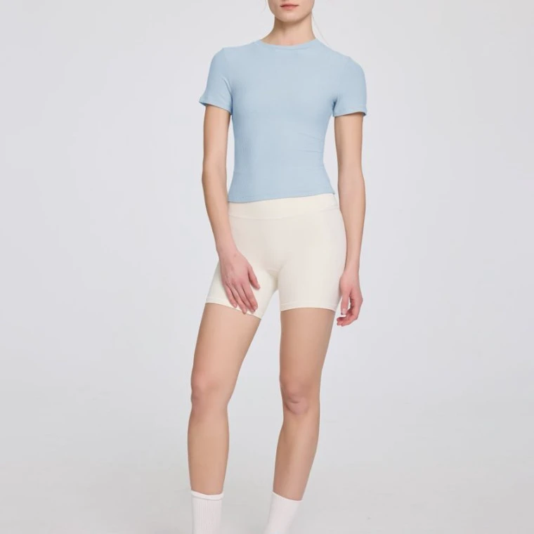 Wholesale Custom High Quality 4-way Stretch Women's Ribbed Slim Fit Crop Top Crew Neck Short Sleeve Yoga Training T-Shirt