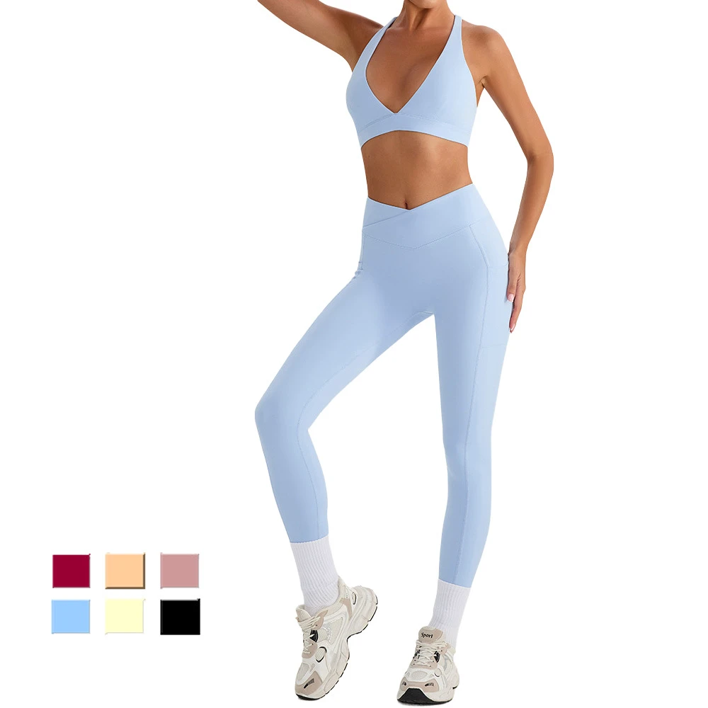 Wholesale Women Two Piece Workout Set Deep V Bra Removable Pads High Waisted Tummy Control Leggings Yoga Fitness Suit