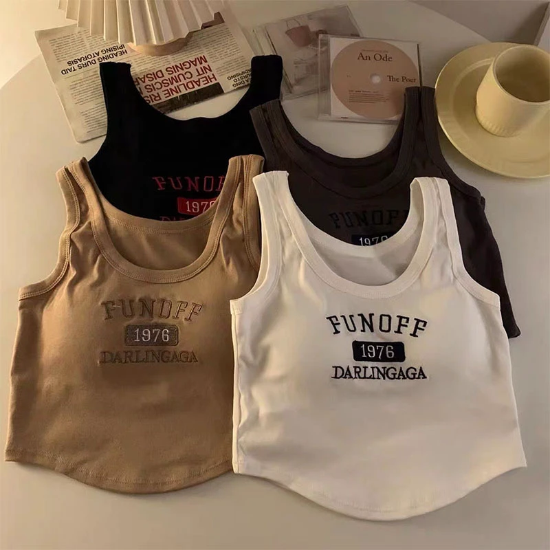 Custom Printing Logo Ladies White Ribbed Embroidery Crop Top Women Cotton Tank Tops