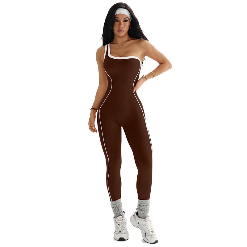 Women's One Shoulder Strap Color Block Yoga Jumpsuit High Stretch Slim Fit One Piece Sports Bodysuit for Workout Fitness