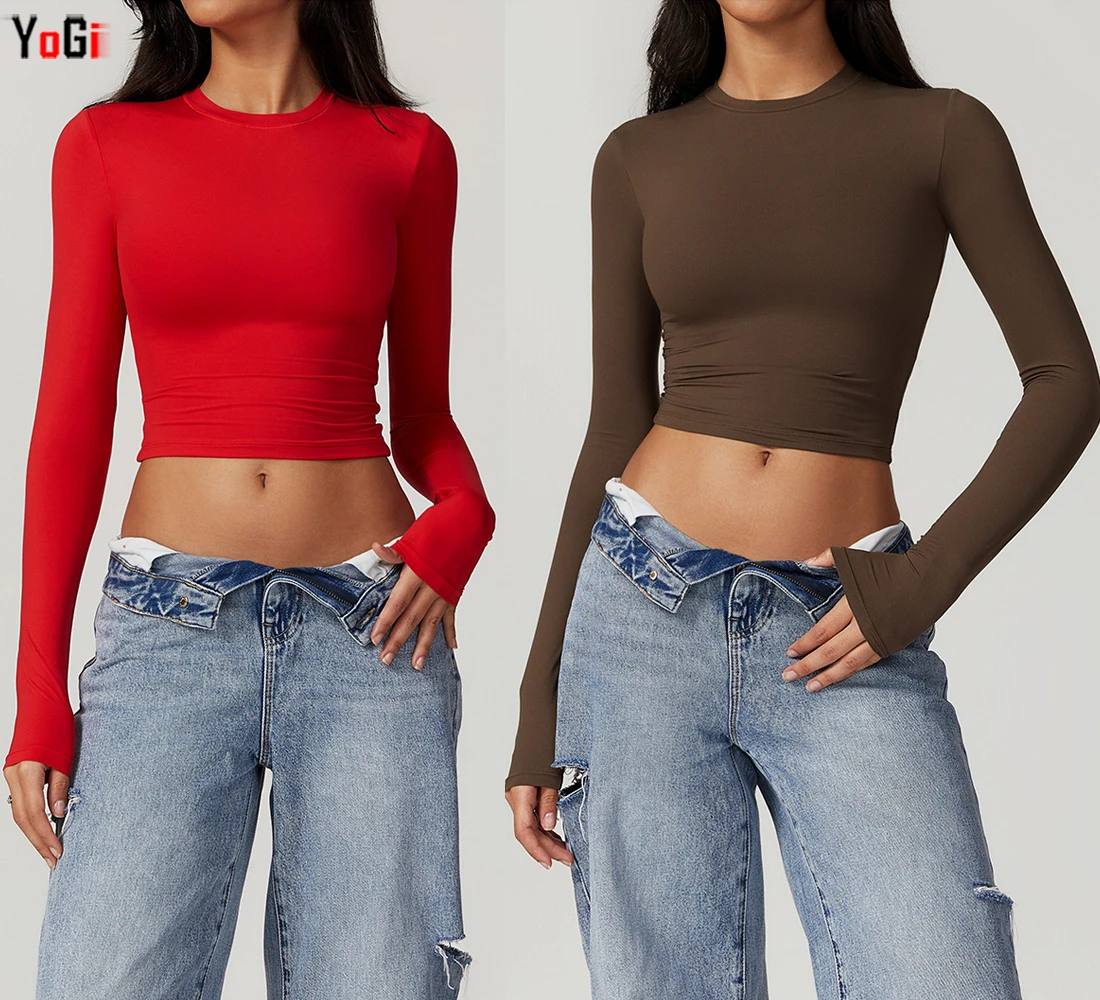 New Femme Women's Lightweight Breathable Yoga Sports T-shirt Quick-Drying Crew Neck Brown Crop Top Long Sleeves Skinny Autumn