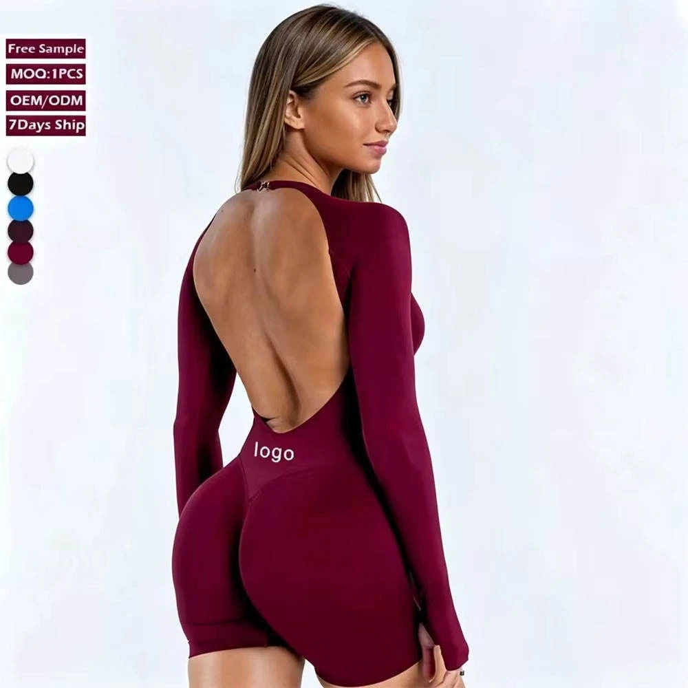 2026 Newest Custom Seamless Adjustable YogaLong Sleeves Fitness Women Backless Jumpsuit Sports One Piece Gym Scrunch Bodysuits