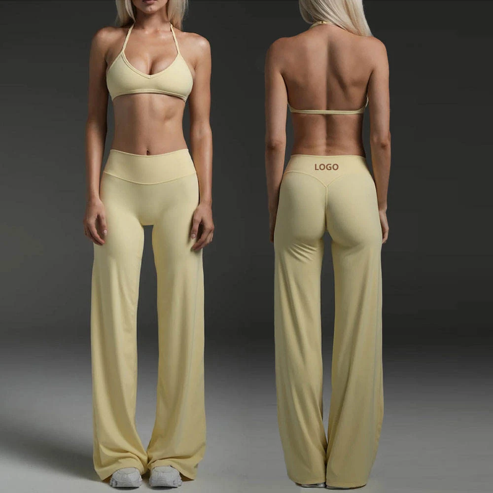 New Custom Women Gym Set 2-Piece Fitness Sexy Adjustable Halter Backless Running Crop Top Sports Bra & Loose Flare Leggings Set