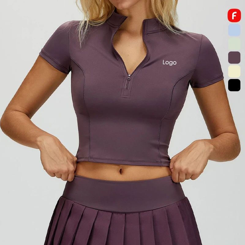 FANCO Quick-Drying Nude-Feel Stand-Up Collar Zipper Yoga Short Sleeved Top Women Gym Workout Tight Sports Top