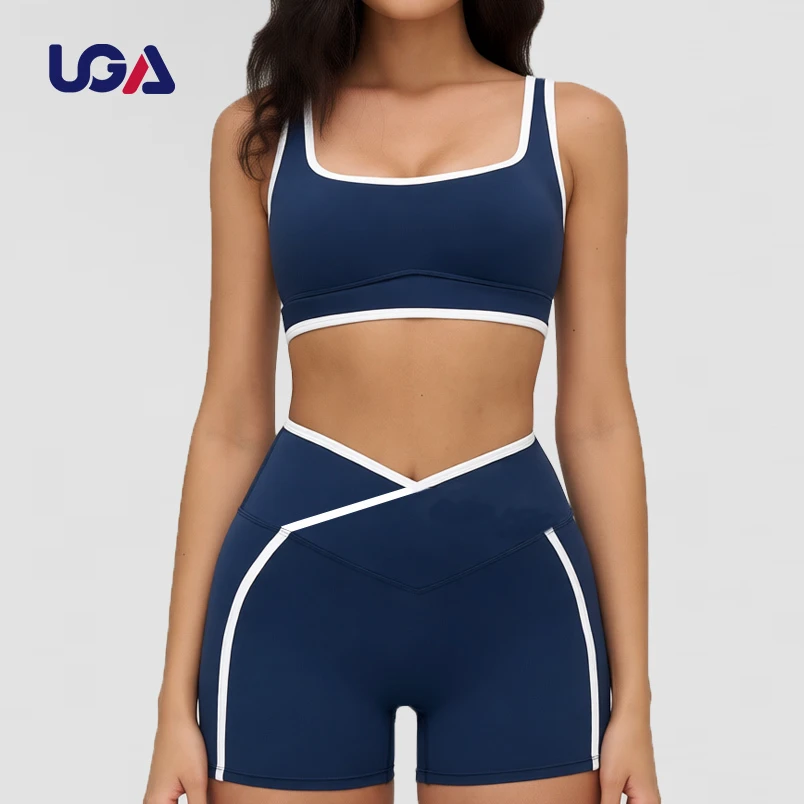 Custom Contrast Color Blocking Design Adjustable Straps Double Layer Elastic Waist Spandex/Nylon 2-Piece Sports Bra Yoga Set