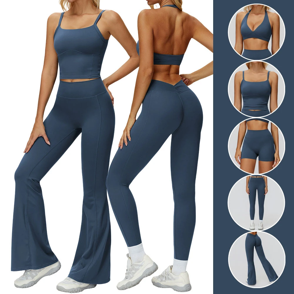 Custom Logo Gym 5-Piece Solid Yoga Wear Sets Womens Hip Rise Fitness Quick-Dry Four-Way Stretch Breathable Sport Outfits