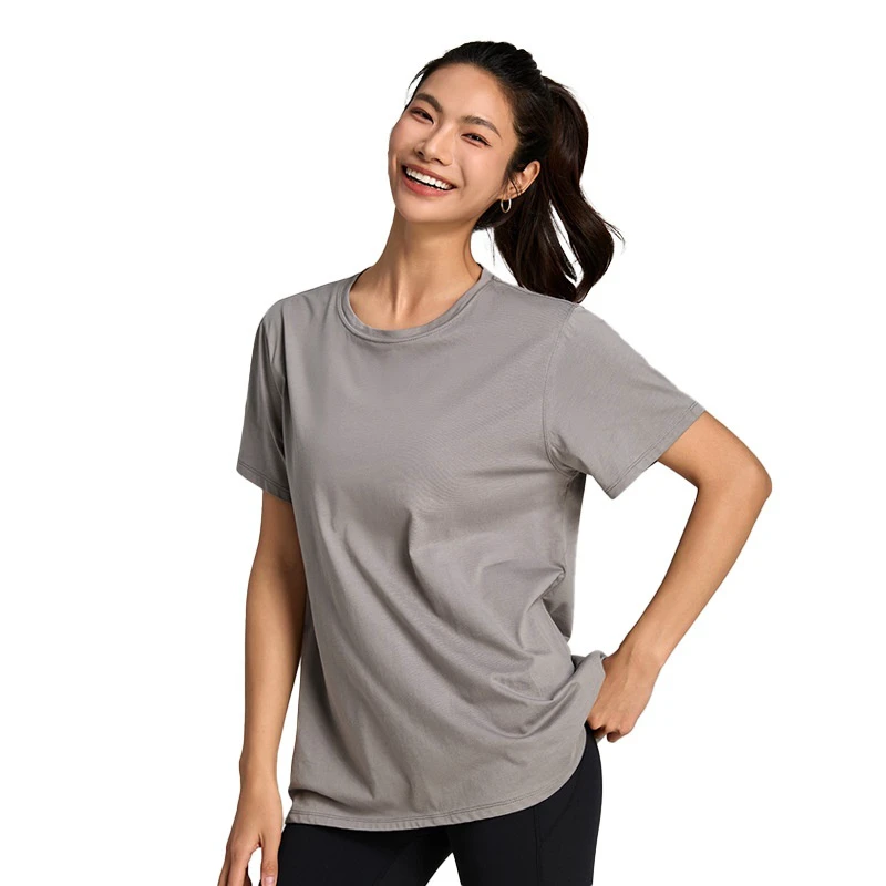 Cotton Loose T-shirt Summer Cool Quick-dry Sports Top Women Solid Color Short-sleeve Yoga Fitness Wear