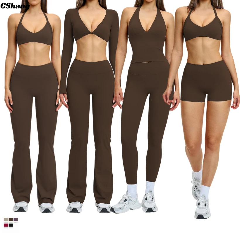 Custom Logo Solid Lightweight Breathable Plus Size 6-Piece Workout Flared Leggings & Sports Bra Tshirt Yoga Shorts Set