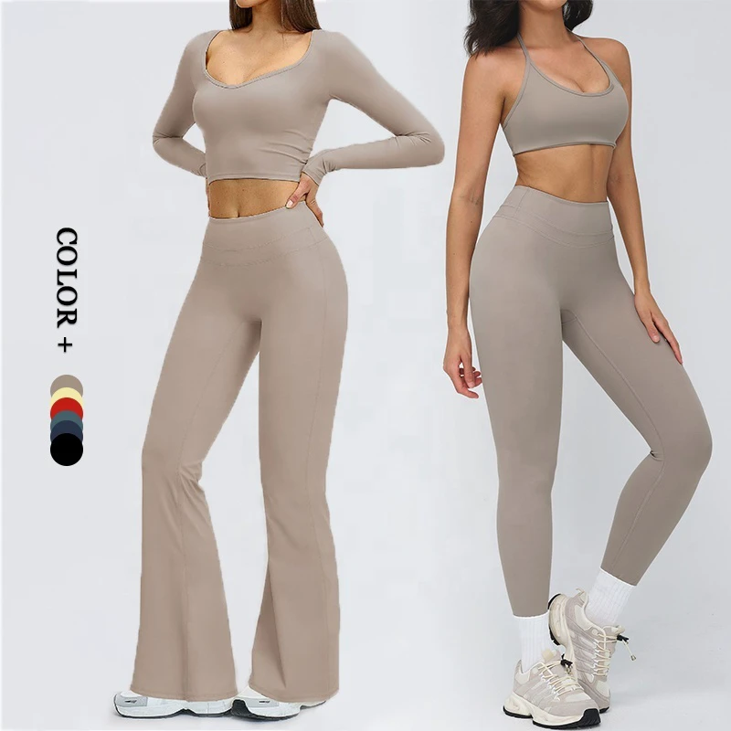 Mid Waist Rise Cut Sportswear Yoga Gymwear Suit V Neck Sleeve Full Length Flared Pants Breathable Set Slim Fit Leggings