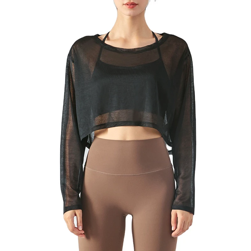 Aoyema Quick Dry Ultrathin High Quality Casual Gym Crop Top Round Neck Fitness Workout Yoga Women Long Sleeve Shirt