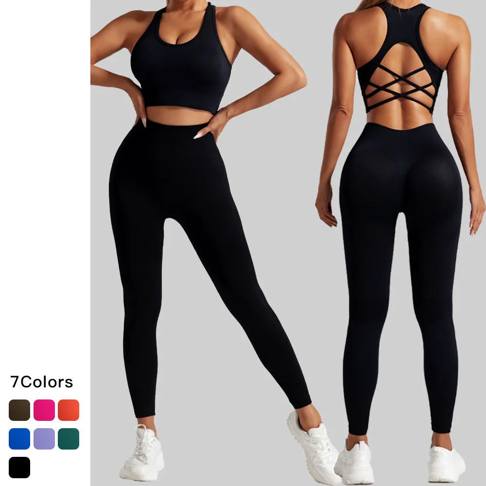 Comfortable Solid Breathable High Waist Yoga Body Suit for Women Tight Workout Active Wear Slimming 2-Piece Set