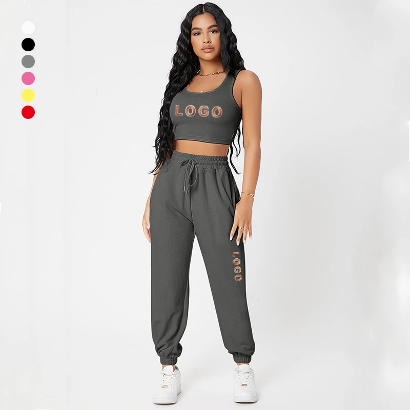 Custom Logo Casual Workout Clothing Jogger Crop Tank Top Pants Womens 2 Piece Sets