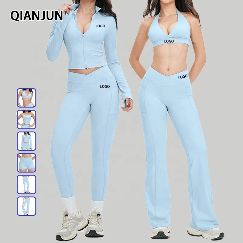 Women 6 Piece Sports Fitness Sets Quick Drying Yoga Top Leggings Beautiful Back Womens Running Naked Tight-Fitting Gym Sets