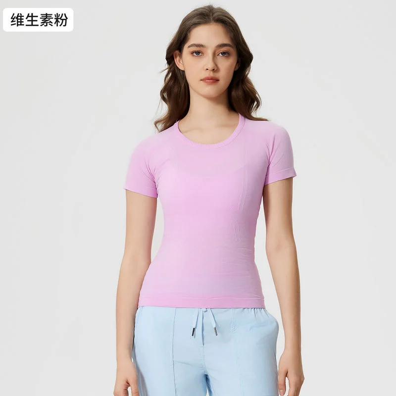 Round Neck Seamless Slim Fit Shirts Short Sleeve Plain Quick Dry Gym Athletic Tees for Women