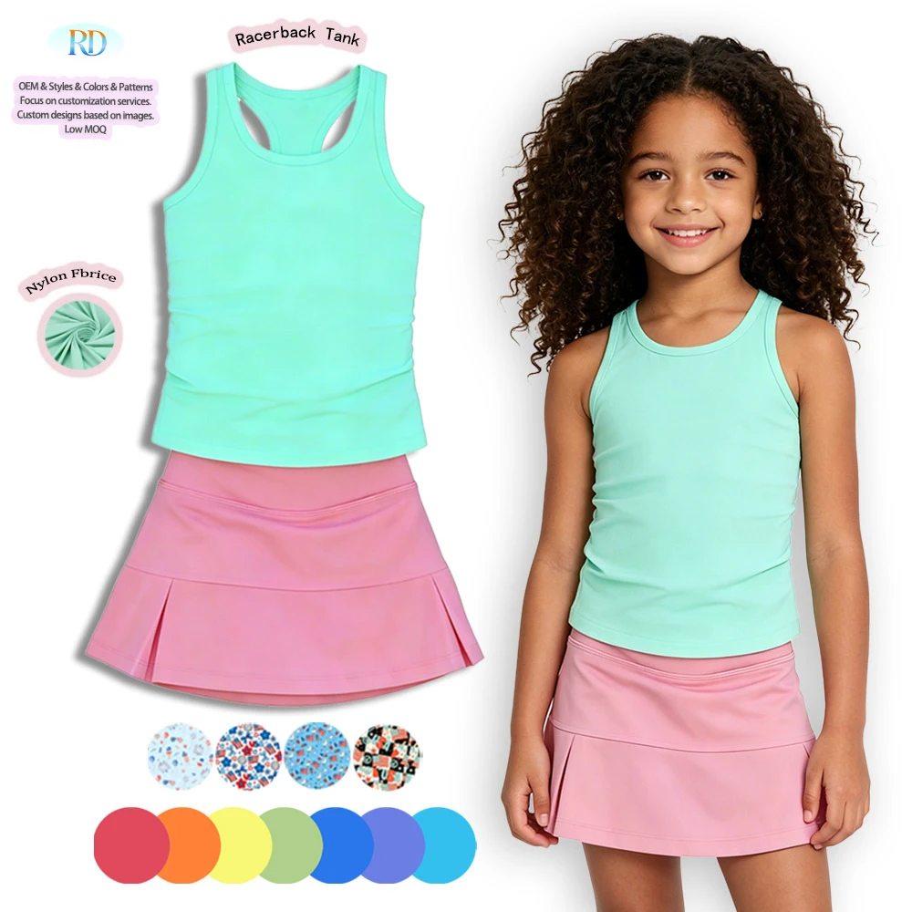 Soft Elastic Spandex Nylon Set Quick Dry Girls Sportswear Sleeveless Racerback Crop Top Skort Set Kids 2 Piece Yoga Outfit