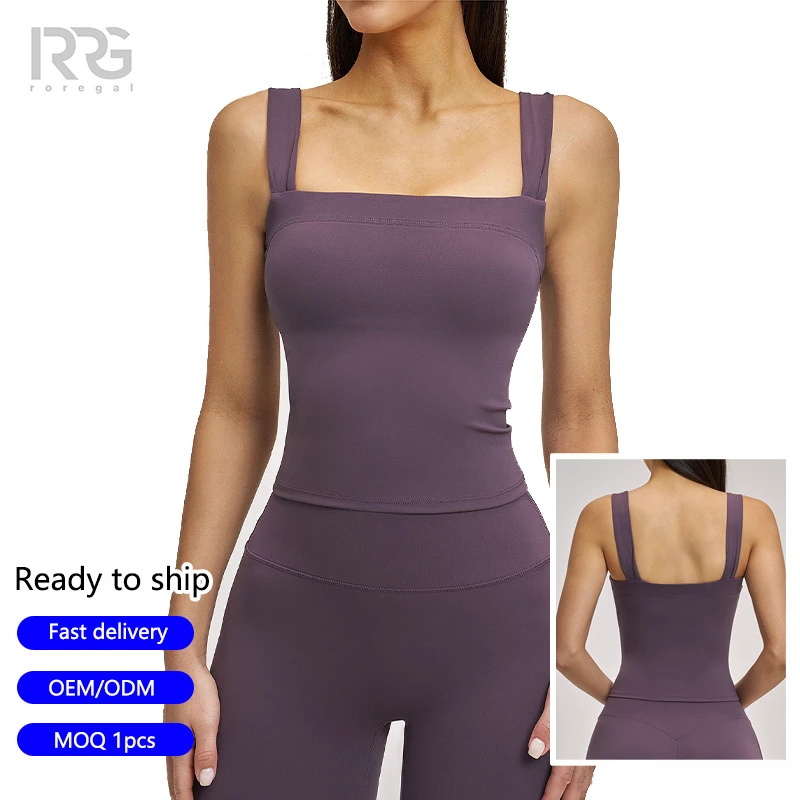 Roregal Hot Sexy Women's Square Neck Yoga Crop Top Sports Gym Fitness Wear Yoga Tank Top With Chest Pad for Women