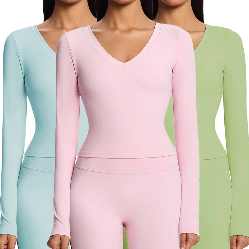 Women's V-Neck Long Sleeve Yoga Top - Push Up, Tummy Control Slim Fit Workout Shirt for Gym Casual Wear