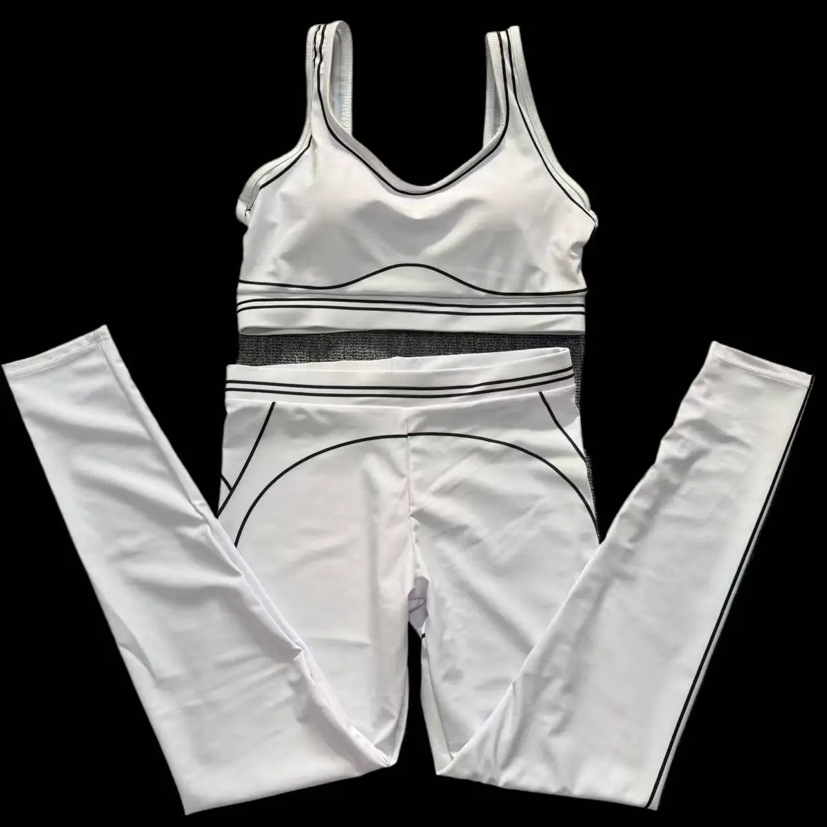 Wholesale Women's Solid/Striped Yoga Set Dark Brown 2-Piece Leggings Sports Bras Front Crew Neck Elastic Waist Eco-Friendly