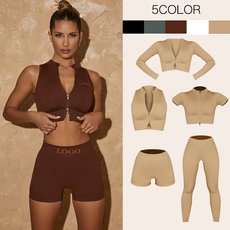 Women Zip Sports Wear Bra Top Workout Clothing Activewear Running Shorts Seamless Leggings Gym Fitness Ribbed Yoga Set
