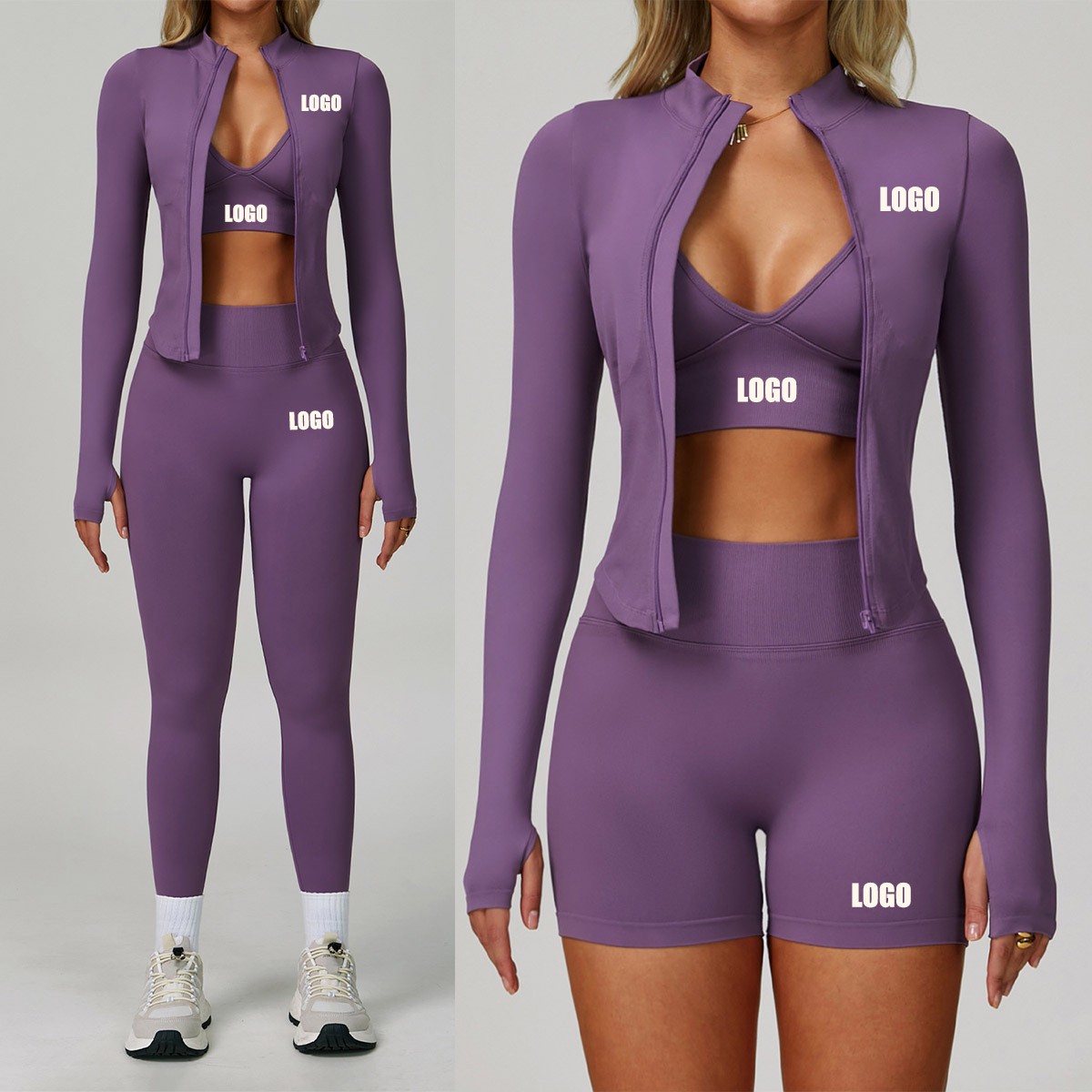 Custom High Quality Quick Drying Shrinking Waist Thin Women Jacket+Bra+shorts Three-piece Set Sports Fitness Yoga Gym Wear Yoga