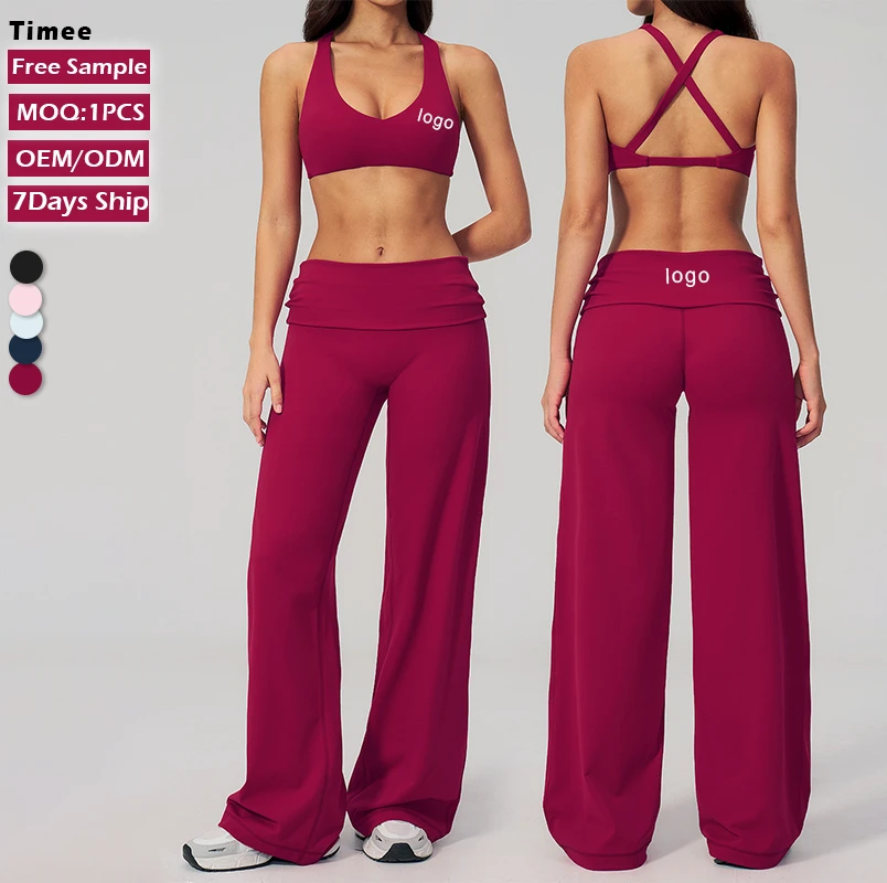 Hot Sale 2 Piece Yoga Set Women Crisscross Straps Sports Bra + Fold Over Waist Wide Leg Pants Quick Dry Workout Outfit