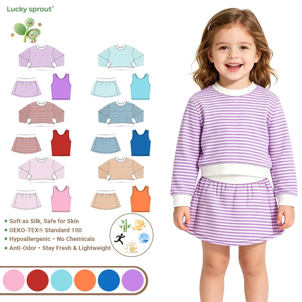 Girls 3 Piece Outfit Kids Long Sleeve Striped Crop Sweatshirt Pleated Skirt Solid Color Tank Top Set Daily Casual Yoga Sets