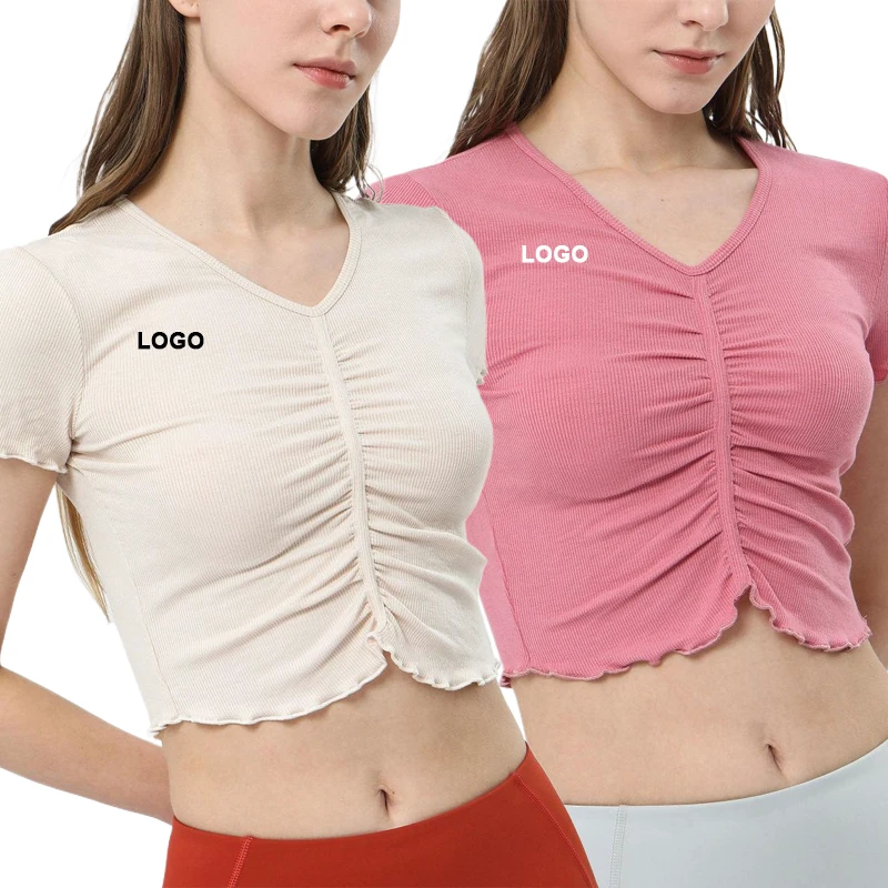 Hot Sale V-Neck Slit Fitness Pleated Design Short Sleeve Sports Top Quick Dry Breathable Outdoor Running Exercise Yoga Tops