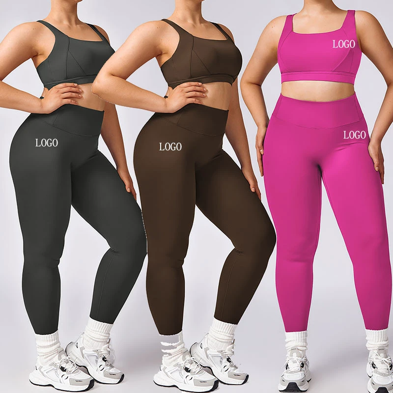 Two Piece Spandex Nylon Solid Lightweight Breathable Women's Yoga Sportswear Gym Sets S-M-L Sizes Plus Size