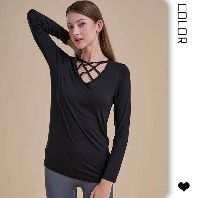 Cross-border Cross-neckline Stretch Spandex/Cotton Sweat-Wicking Yoga Suit Running Inner/Outer Wearing Slimming Long Sleeve Top