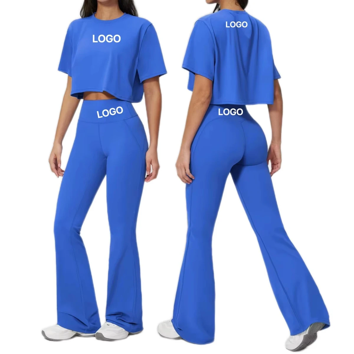 Custom Logo Quick-Dry Yoga Clothing Short-sleeved Tight Breathable Yoga Flared Pants 2-Piece Set Bell-bottomed Pants Gym Outfit