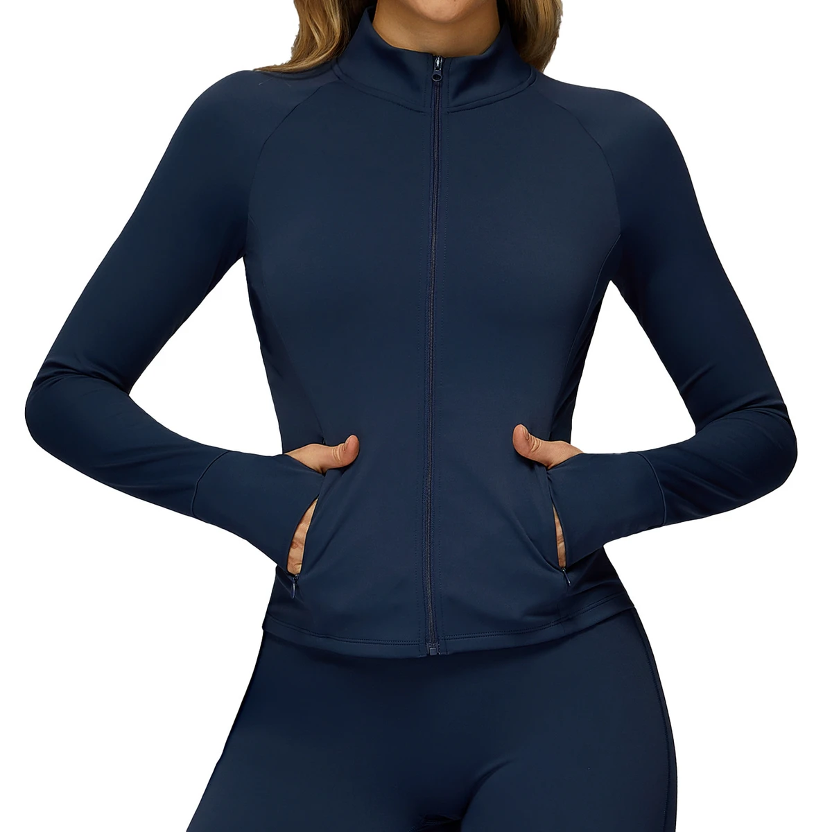 European American Nylon Slimming Yoga Coat Long-sleeved Zipper Pocket Windproof Quick Dry Tight Top Outdoor Sports Running Women