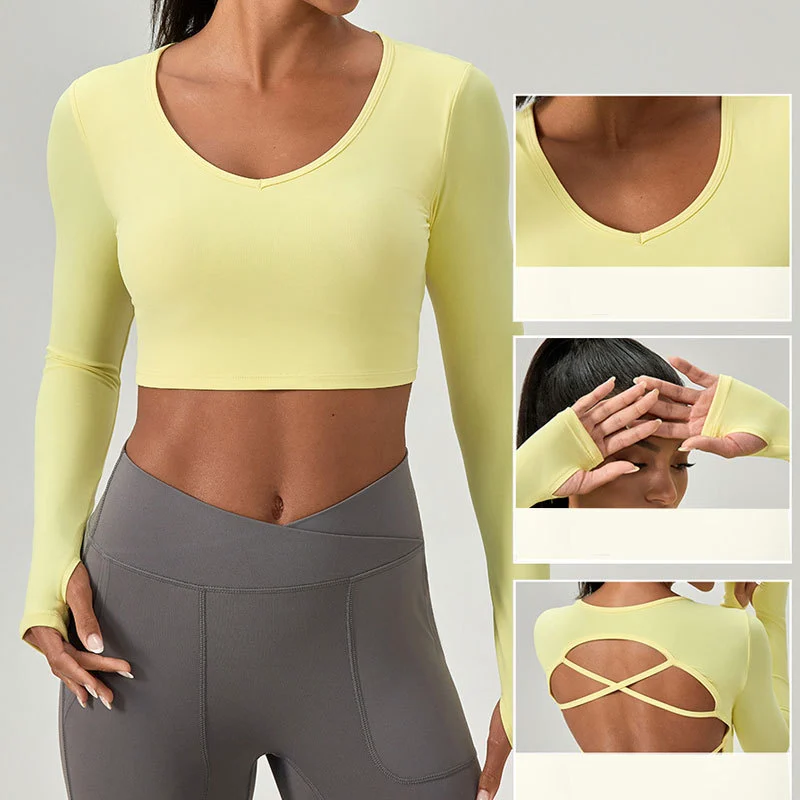 Fashionable Cross Back Slim Fit Long Sleeve Yoga Top Quick Dry Workout T-shirts for Running Gym Fitness