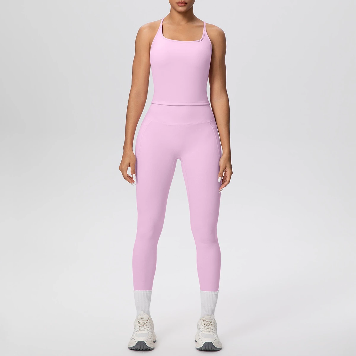 Cross-border New Quick-drying Spandex/Nylon Back Yoga Sports Suit 2-Piece Set Slim-fit Hip-lifting Elastic Waist Spaghetti Strap