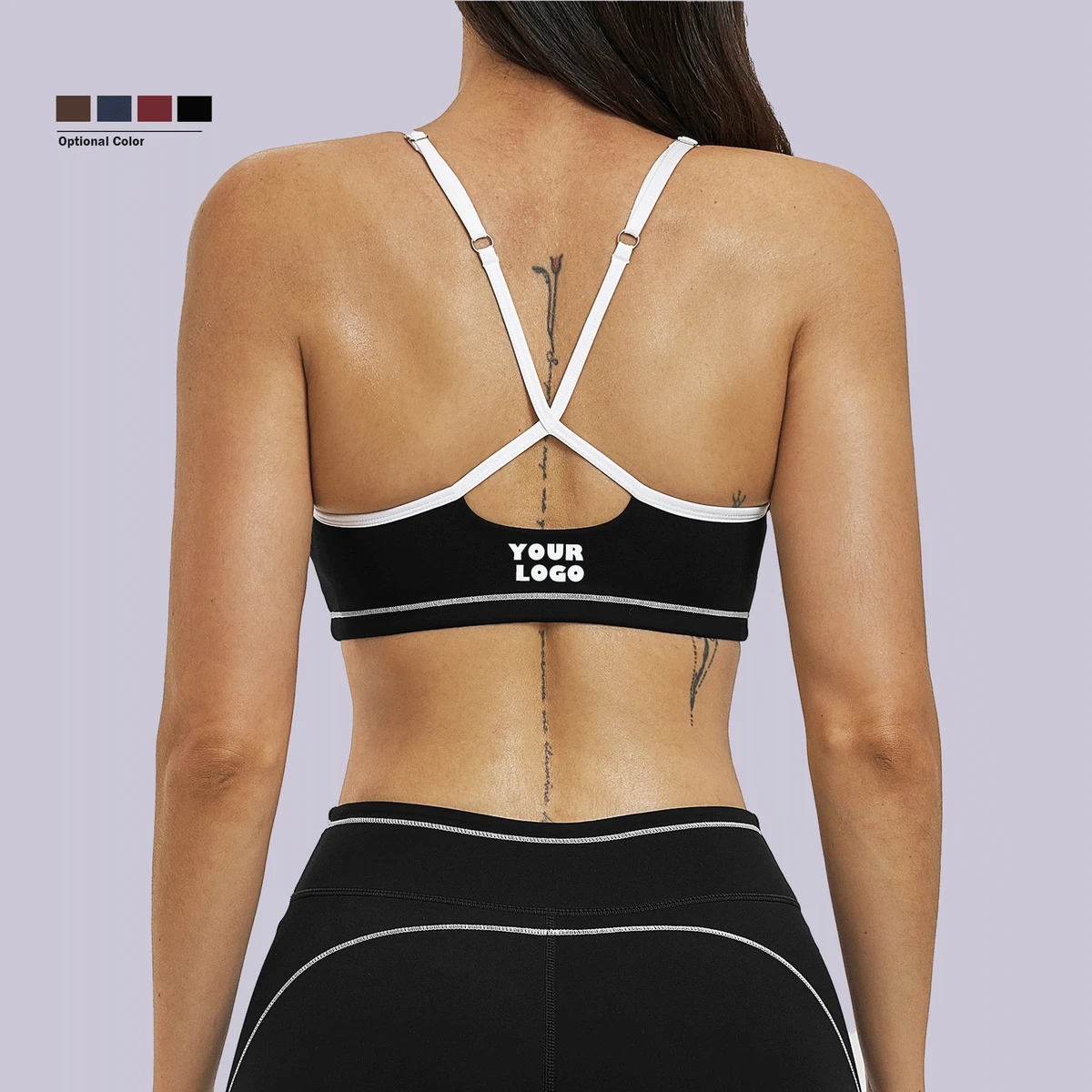Custom Nylon Scoop Neckline Removable Padding Contrast Color Stripes Cross Back Adjustable Yoga Gym Sports Bra Women