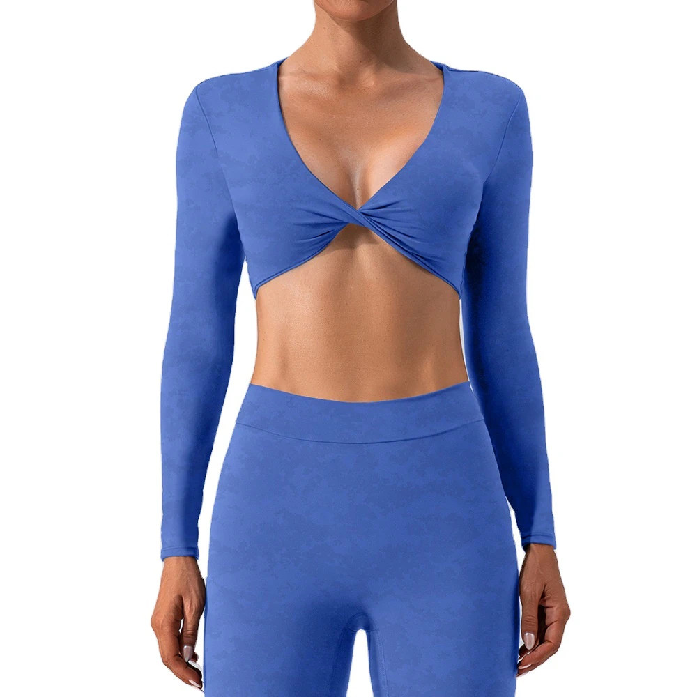 New Long Sleeve Tops Deep V Neck T-shirt Quick Dry Gym Fitness Yoga Twist Crop Tops for Women