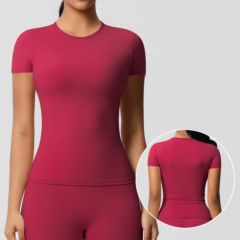 Roregal Yoga T-Shirt Fitness Running Round-neck Solid Colour Tight Short T-shirt Ladies Yoga Short Tops