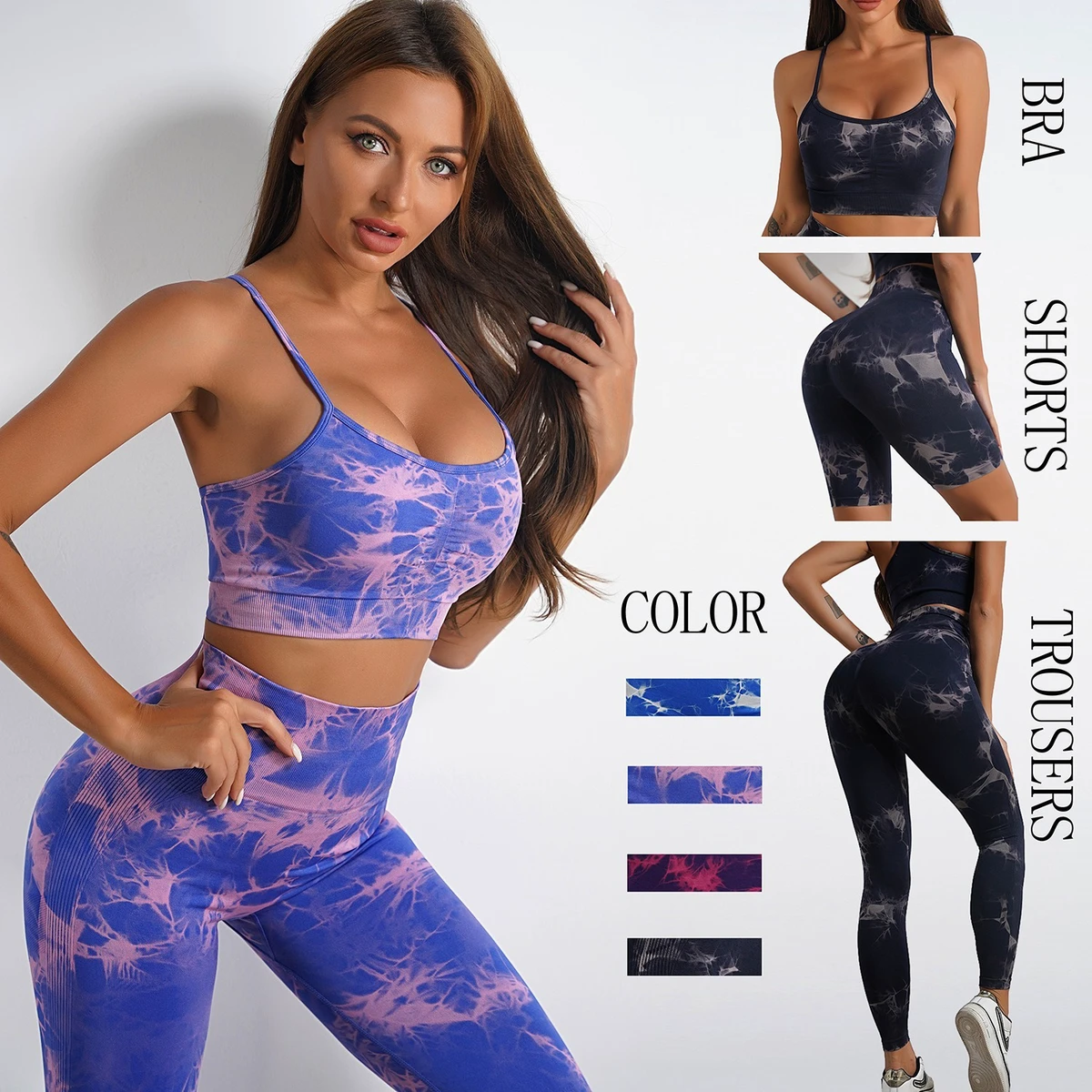 Custom Women's 3-Piece Seamless Ankle-Length Yoga Pants Set Breathable Eco-Friendly 4-Way Stretch Quick-Dry Gym Bra and Shorts