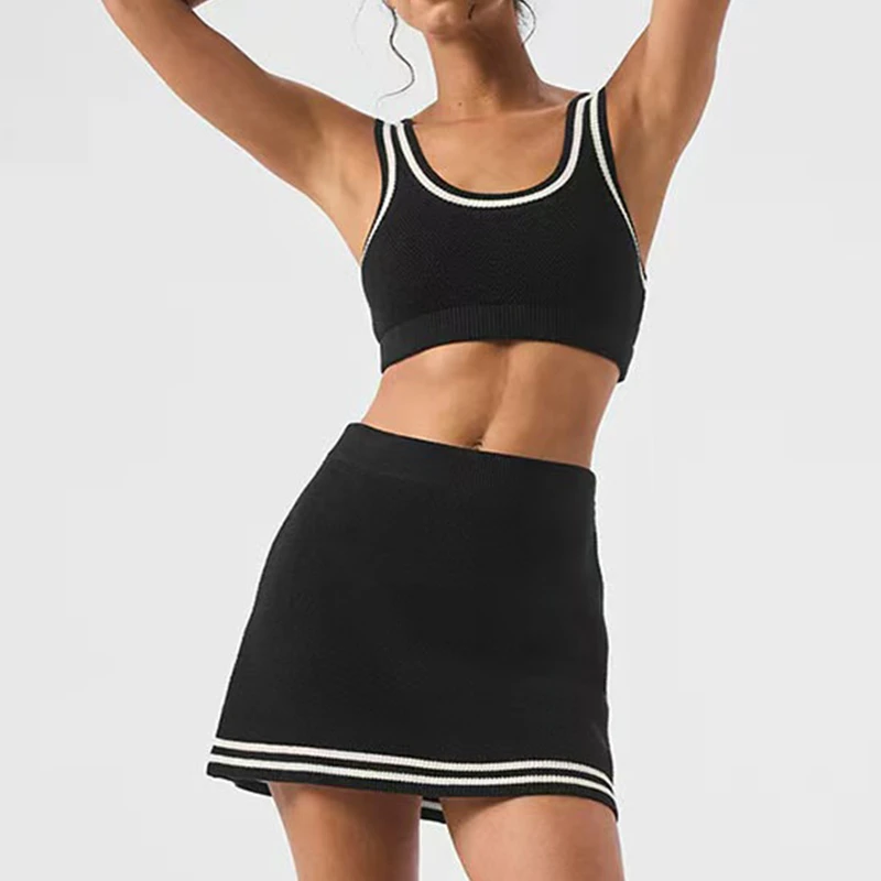 DW193 Knitted Suit for Women Sports Underwear Shockproof Tennis Skirt with Pocket Two-piece Set Striped Yoga Suit