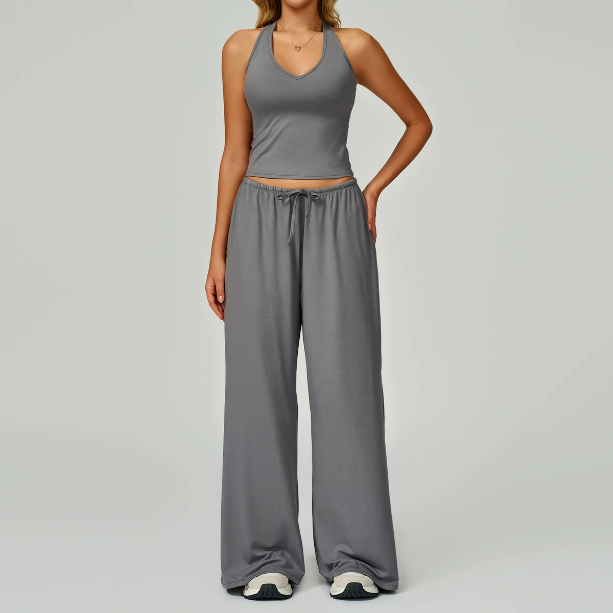 Cross-border Sanding 3-piece Set Yoga Sports Suit Spandex/Polyester Drawstring Quick-drying Beauty Back Sling Casual Solid