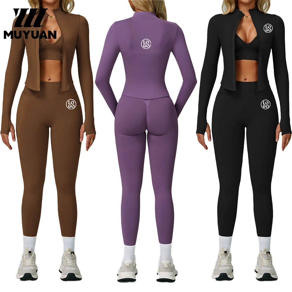 Women's 3-Piece Seamless Shaping High-Waist Yoga Set Breathable Eco-Friendly Spandex/Nylon V-Back Flared Leggings Sports Bra for