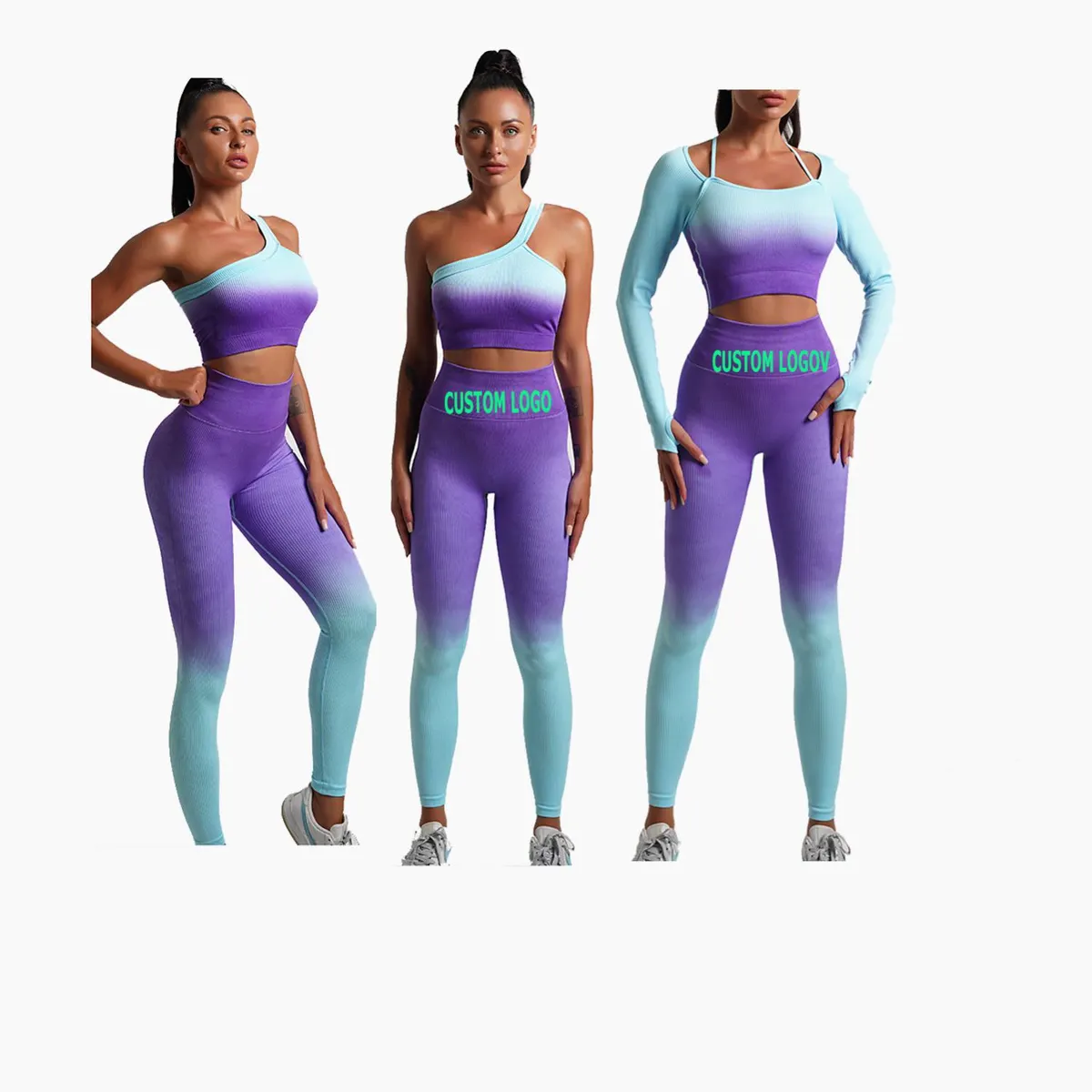 Women Sports Suit Gym Wear Set 5 Piece Seamless Yoga Fitness Clothing Fashion Gradient Color Sportswear Workout Suits