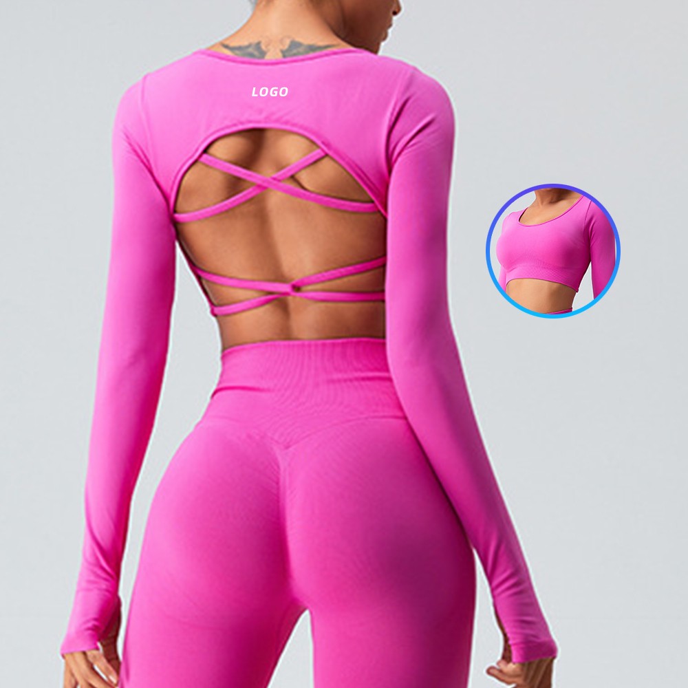 2023 Fall Women Yoga Shirt Backless Comfortable Quick Dry Breast Pleated Fitness Workout Long Sleeve Shirt