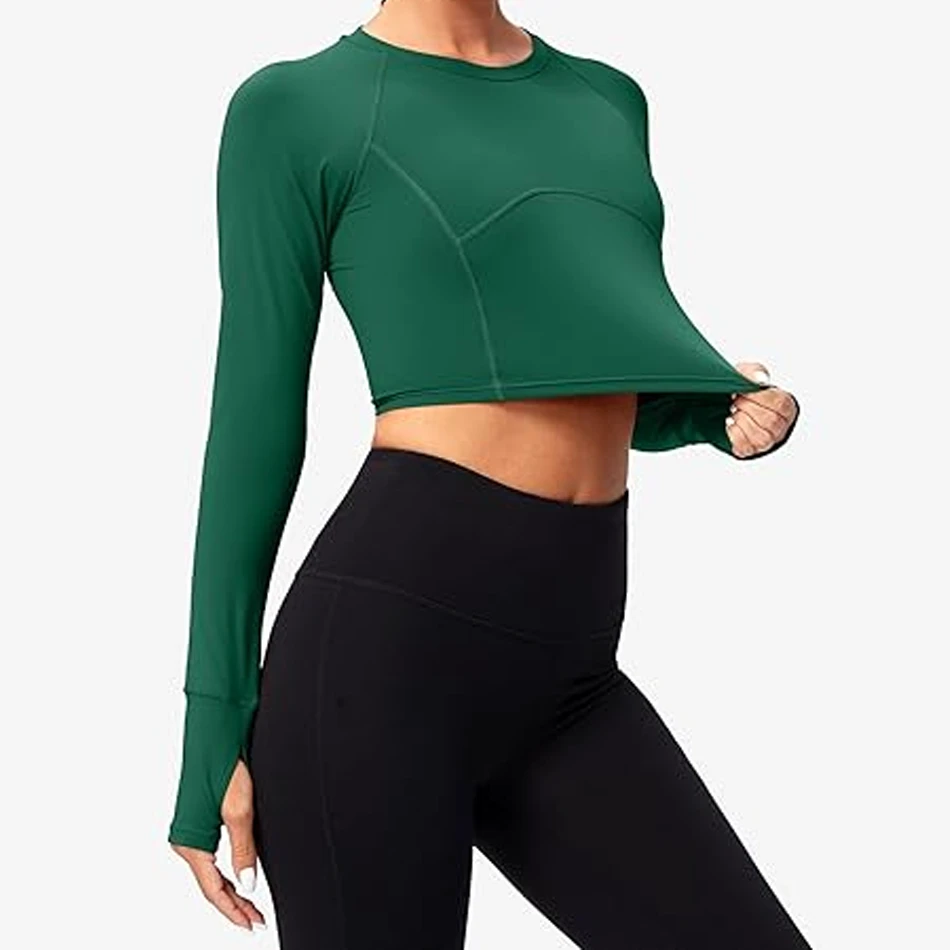 Women's Athletic Shirts High Neck Yoga Top Quick Dry Long Sleeve CropTop Fitness for Workout Sports With Back Spandex Mesh Panel