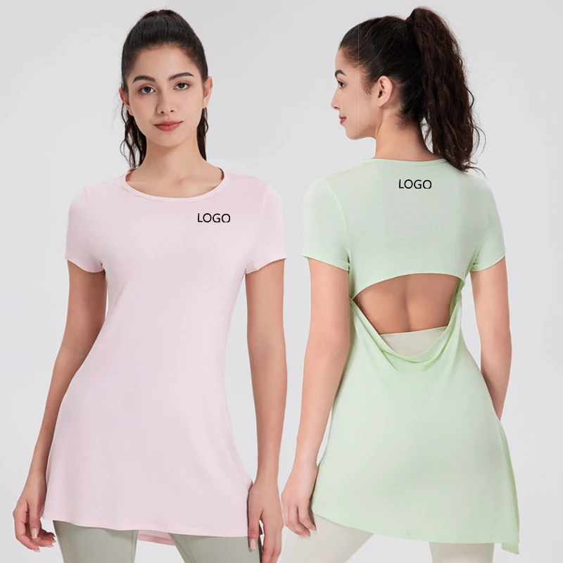 XW-DX2595 Wholesalers Workout Comforts Quick Dry Sportswear Backless Round Neck Yoga Topr Gym Fitness Short Sleeves for Women