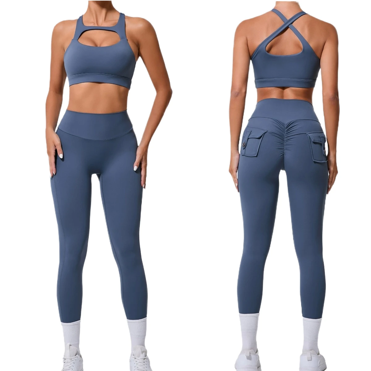 Stock Cross-border Two-Piece Sports Yoga Suit Solid Color Crisscross Strap Full Length Double-Sided Nylon Breathable Front