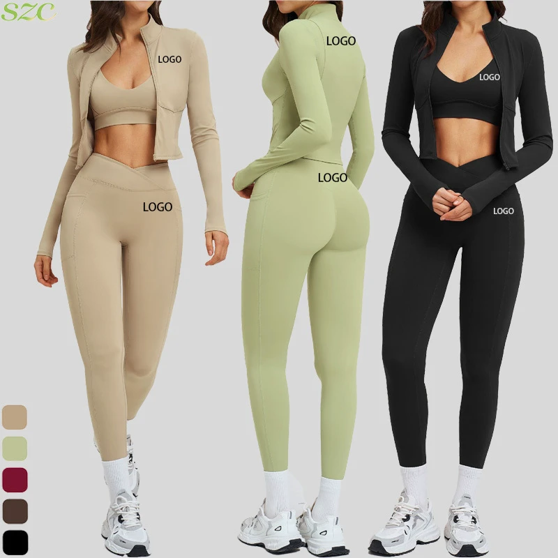 High Quality Women's Three-Piece Yoga Set Spandex/Nylon Seamless Shockproof Bra Zipper Jacket High-Waist Butt Lift Leggings