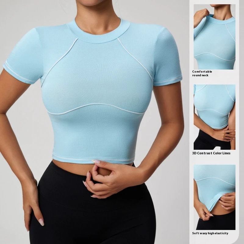Cross-Border New Women's Fitness Yoga Tank Top Spandex/Nylon Quick Dry Skinny Fit Front Short Sleeve for Running Sports Pilates